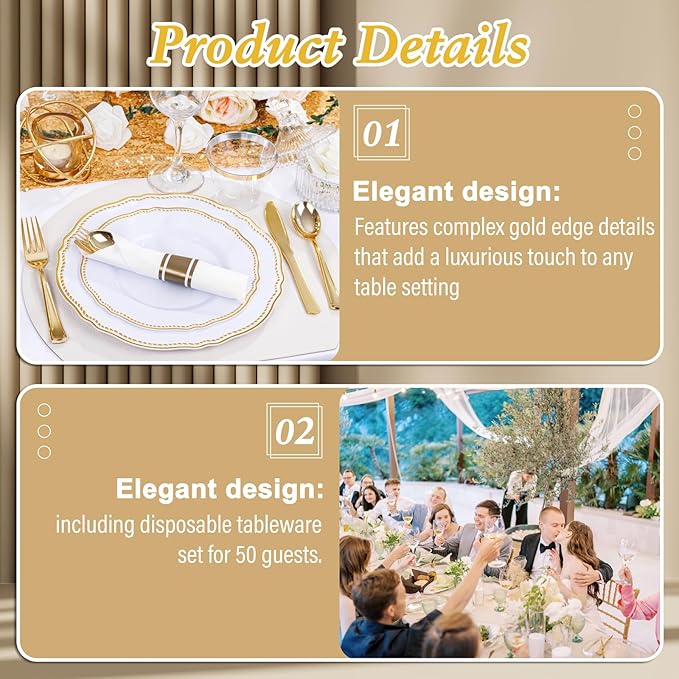 Hioasis 350pcs White and Gold Plastic Plates - Gold Plastic Dinnerware Set Includes 50 Dinner Plates, 50 Dessert Dinnerware, 50 Cups, 50 Rolled Napkin Cutlery Perfect for Wedding & Party