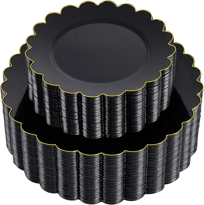 supernal 100pcs Black and Gold Plastic Dinnerware Set - Scalloped Disposable Plates Heavy Duty Gold And Black Plastic Plates Service for 50 Guests,Perfect for Party Birthday Wedding Festival