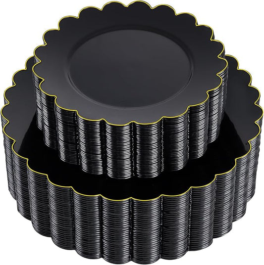 supernal 100pcs Black and Gold Plastic Dinnerware Set - Scalloped Disposable Plates Heavy Duty Gold And Black Plastic Plates Service for 50 Guests,Perfect for Party Birthday Wedding Festival