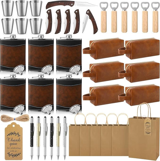 44 Pcs Baby Shower Game Prizes for Men Winners with Flasks PU Leather Toiletry Bag Multi Tool Pen Bottle Opener Folding Knife Gift Bags for Baby Shower Groom Bachelor Party(Brown)