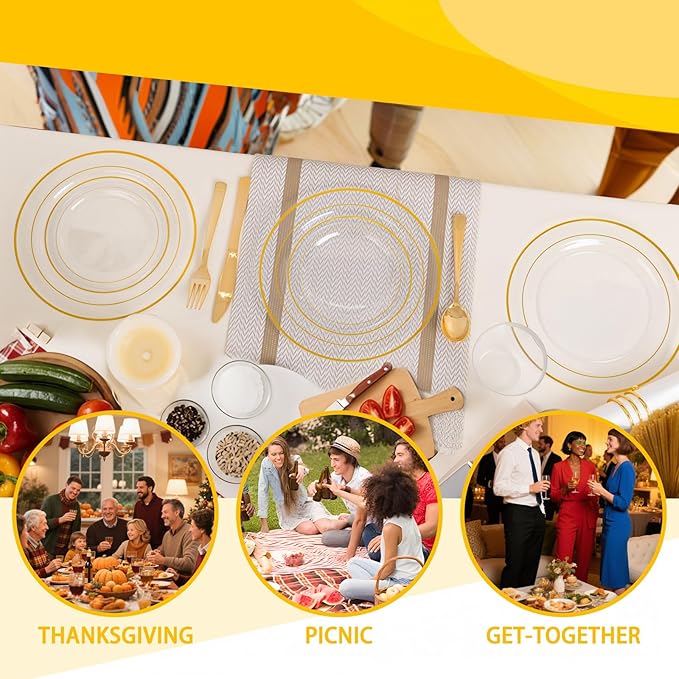 GATHER 350PCS Clear Gold Plastic Plates - Disposable Gold Dinnerware Sets Includes 100 Gold Rim Plastic Plates, 150 Silverware, 50 Napkins, 50 Cups for Party, Wedding