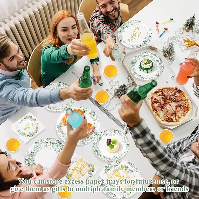 Pickmesh 400 Pcs Sage Green Birthday Party Supplies Include Neutral Eucalyptus Green Happy Birthday Disposable Paper Plates Napkins Cups Cutlery for Girls Boys Women Men Party Decorations Serve 50