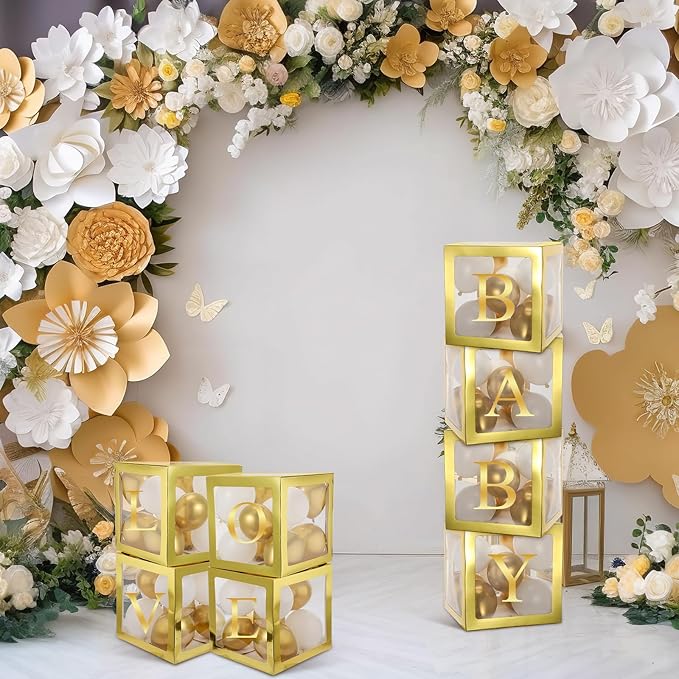 Thyle 12 Pcs Transparent Balloon Boxes Clear Balloon Boxes with 99 Letters for Baby Shower Gender Reveal Grad Birthday Party Bridal Wedding Anniversary Backdrop Decoration (Gold)