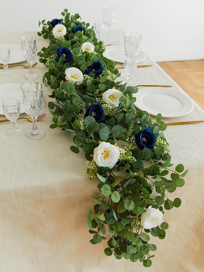 PARTY JOY 2pcs 6.56ft Eucalyptus Garland with Flowers-8 Blue White Roses, Artificial Fake Flowers Greenery Garland Floral Vines for Decoration Party Wedding Table Indoor Outdoor Backdrop Wall Decor