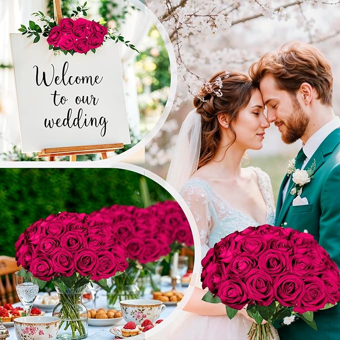 50 Pcs Fake Burgundy Red Roses Artificial Flowers Bulk, Faux Velvet Silk Rose Bouquet with Long Stems Real Look for Wedding Party Centerpieces Vases Decor