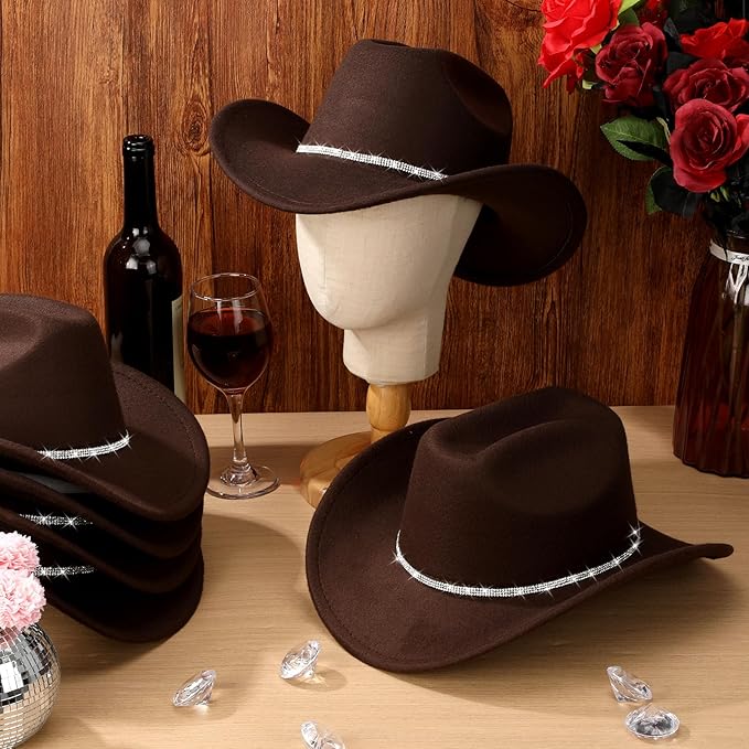 Hercicy 6 Pack Western Cowboy Hats with Rhinestone Tassel Bands Sequin Trim Sparkly Cowgirl Party Hats for Adults Women Men