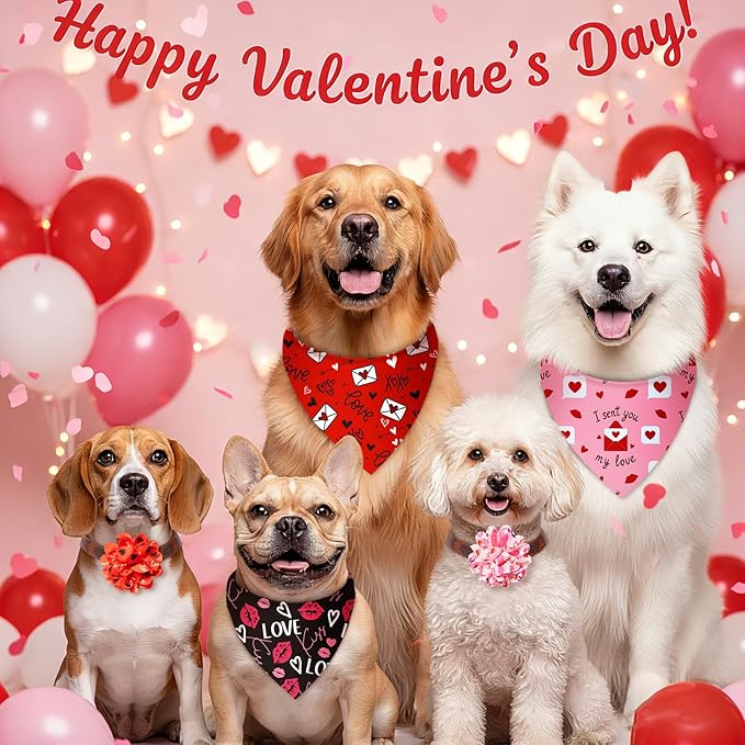 100 Pcs Valentine's Day Dog Bandanas & Flowers Set, Heart Love Pet Scarf Accessories for Dogs, Grooming, Party, Photo Props & Pet Shop Decorations