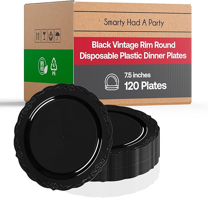 Elegant Plastic Plates, Disposable Dinnerware Sets, Plastic Dinner Plates, Disposable Plates for Party, Disposable Plastic Plates, Party Plates (Black, 120 Plates (7.5" Salad Plates))