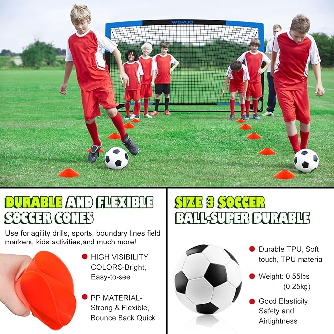 Kids Soccer Goals for Backyard Set of 2, 6x4 ft Portable Toddler Soccer Goal Training Equipment with Soccer Target, Ball, Cones, Soccer Net for Kids Age 3-5 6-8 8-12 10-12-14 Outdoor Sports Games Gift
