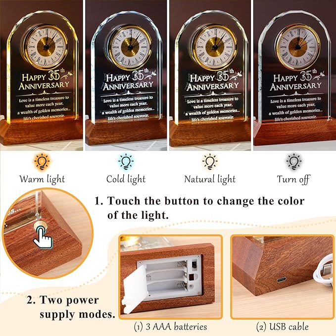 YWHL 35th Wedding Anniversary Clock Gifts for Couple, 35 Years for Wife Husband, Table Clock Glass Presents with Wooden Light Base for HomeDecoration (Battery not Included)