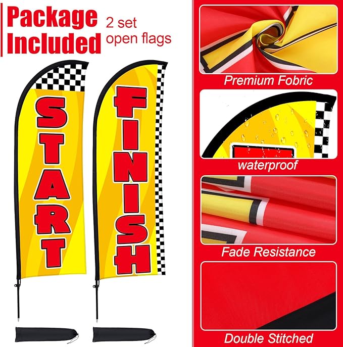 Buryeah 2 Sets Start and Finish Feather Flag 8 ft Start Finish Advertising Banner Swooper Flag with Pole Kit and Ground Stake for Marathons and Special Events Outside, Yellow