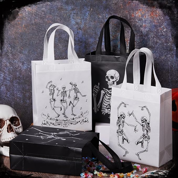 Wesnoy 48 Pcs Halloween Skeleton Gift Bags Party Favors Reusable Black White Non Woven Skull Goodie Candy Treat Tote Bags Bulk with Handles Hippie Dancing Skeleton for Birthday Party