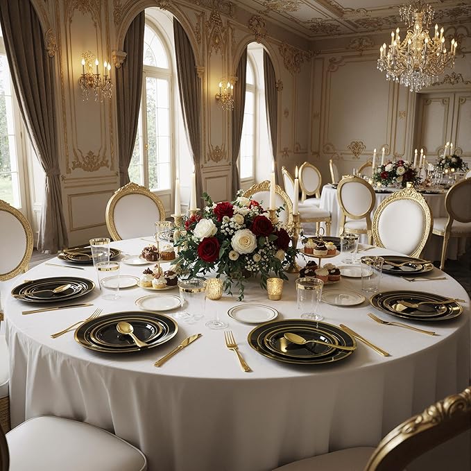 350 Pieces Black & Gold Disposable Plates for 50 Guests, Disposable Plastic Plates, Dinnerware Set of 50 Dinner Plates, 50 Salad Plates,50 Cups and 50 Paper Napkins, for Party, Wedding
