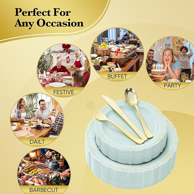 350 PCS Green Disposable Plates, Elegant Dinnerware Set for 50 Guests, 100 Plastic Plates, 150 Silverware, 50 Cups & 50 Paper Napkins, Green