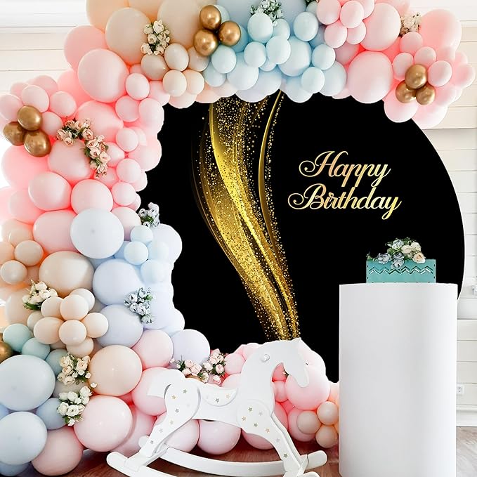 Gold Happy Birthday Round Backdrop Cover 7.5ft Black Round Photography Background Shining Gold Sequins Black Arch Backdrop Cover for Women Man Birthday Party Banner Adult Chidren Photo Props