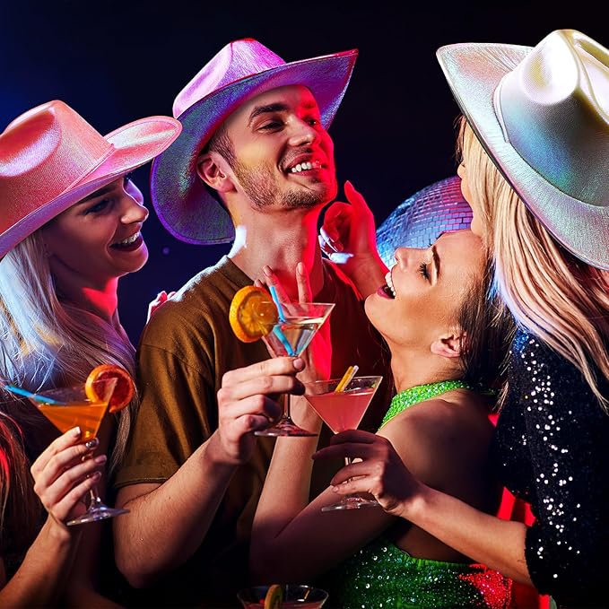 Coume 12 Pcs Cowboy Hat Sparkly Glitter Neon Cowgirl Hat for Women Holographic Space Cap for Bachelor Western Cowboy Party