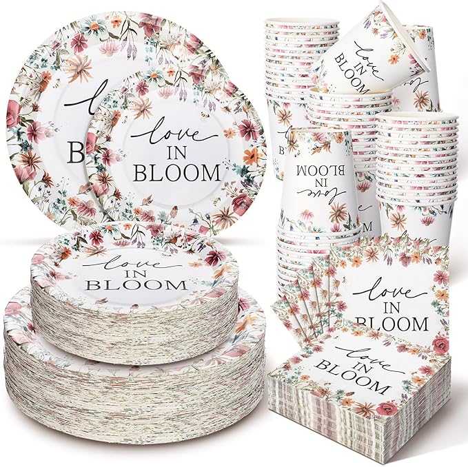 Zhehao 250 Pcs Bridal Shower Plates Napkins Sets 50 Pcs 9'' Dinner Plates 50 7'' Dessert Plate and 9oz Cups 100 Napkins Party Supplies Bridal Shower Decoration (Multicolor,Love in Bloom)