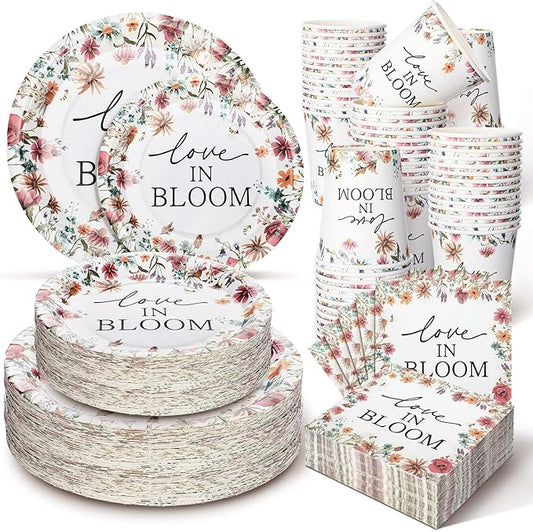 Zhehao 250 Pcs Bridal Shower Plates Napkins Sets 50 Pcs 9'' Dinner Plates 50 7'' Dessert Plate and 9oz Cups 100 Napkins Party Supplies Bridal Shower Decoration (Multicolor,Love in Bloom)