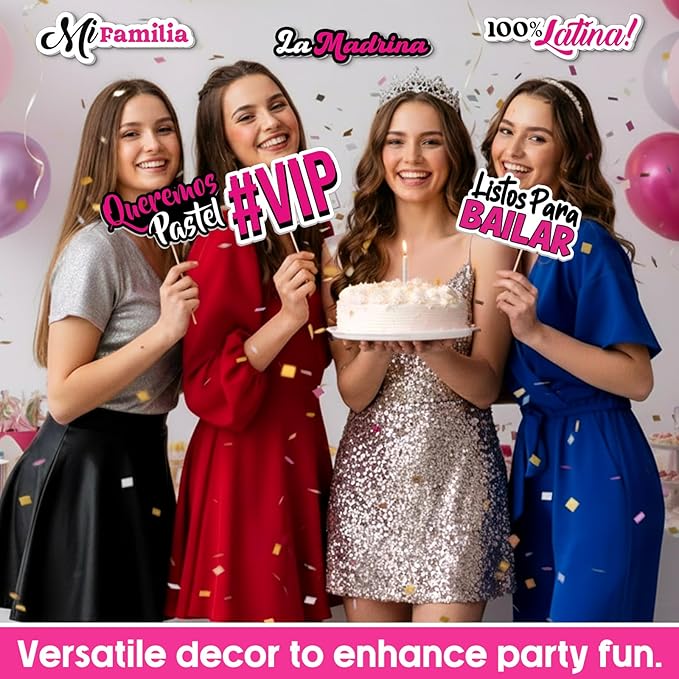 24 Pcs Spanish Quinceanera Photo Booth Props 15th Birthday Parties Decorations Single Sided 11.8" Mis Quince Anos DIY Water Proof Selfie Signs PVC Printing Photo Props for Decorations