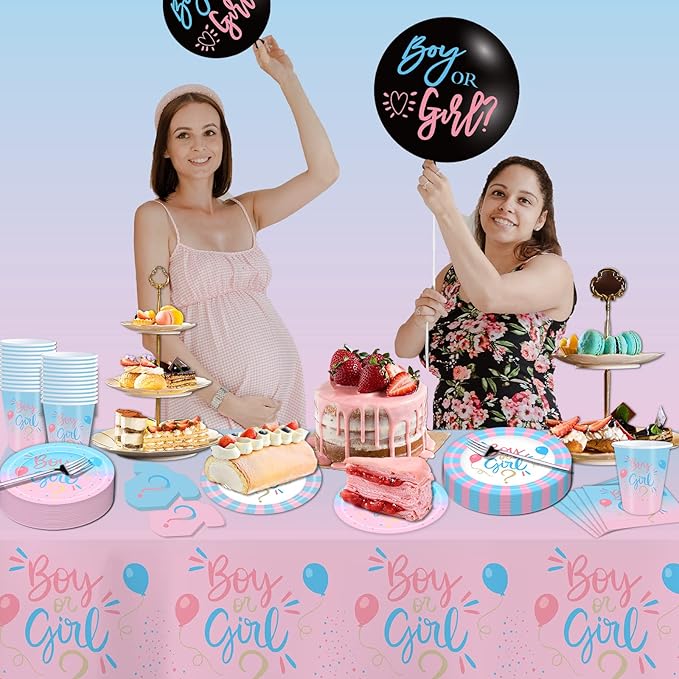 Gender Reveal Decorations, Baby Shower Party Supplies 124 Pieces Paper Plates, Cups, Napkins, Tablecloths, Black Balloon, Banner, Tableware Set Disposable Dinneware