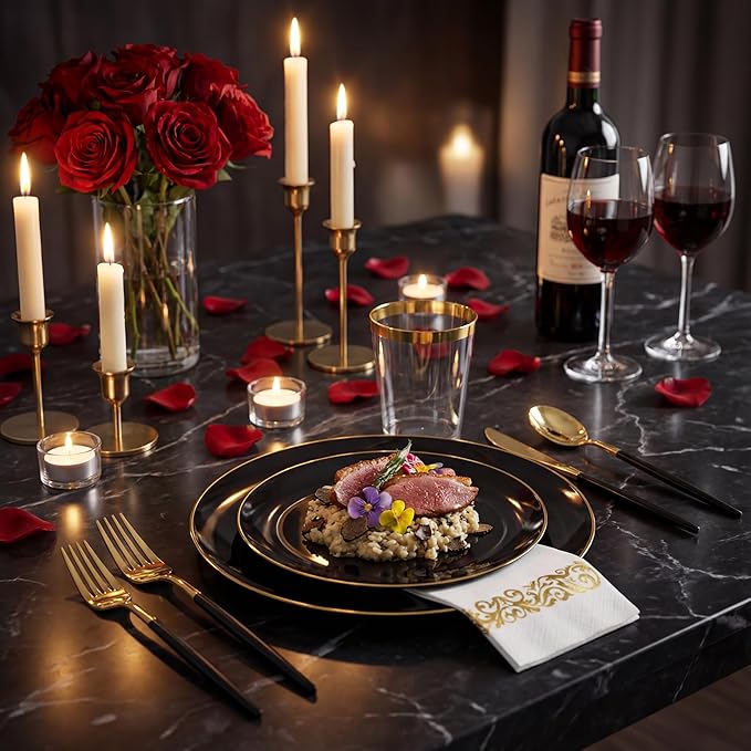 Supernal 350pcs Black Plastic Dinnerware Set - Black and Gold Plastic Plates, Gold Silverware Set, Wedding Party Plate, Cups for Birthday, Party, Wedding,Valentine's Day, Mother's Day and Easter