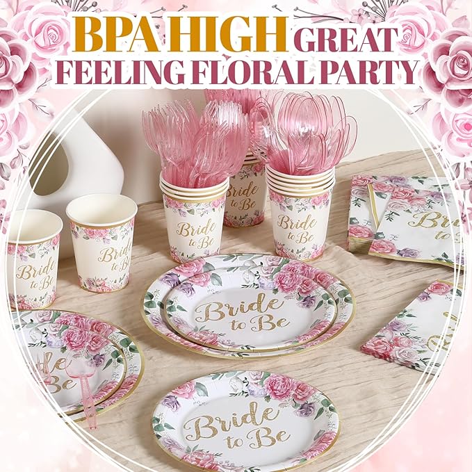 350PCS Floral Bridal Shower Decorations for 50 Guests Include Paper Plate, Napkin, Cup and Disposable Plastic Tableware