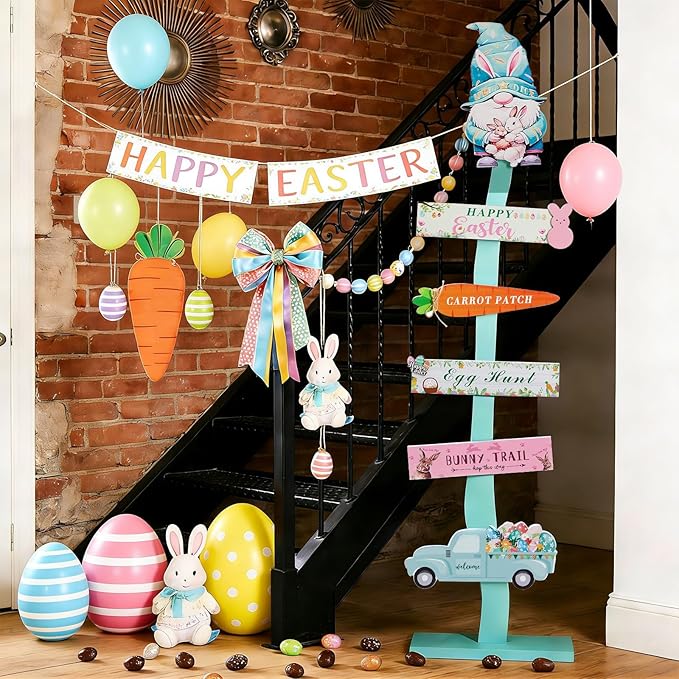 45.6" Happy Easter Welcome Wooden Porch Sign| Spring Easter Carrot Rabbit Standing Decorative Signs For Front Door Outdoor Indoor Yard Decor