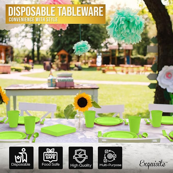 350 Pcs Lime Green Plastic Plates For Party, Lime Green Disposable Plates Set, 50 Of Each 9" Dinner Plate Set, 7" Dessert Plate, Cups, Napkins & Cutlery Plastic Dinnerware Exquisite