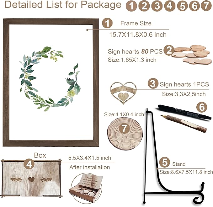 Y&K Homish Wedding Guest Book Alternative , Rustic Wedding Decorations for Reception , Favors for Guests 80 Hearts Green Wreath (Transparent &Brown)