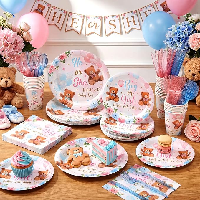 Pickmesh 400 Pcs Bear Gender Reveal Party Supplies Decorations Include Pink Blue Gender Reveal Party Disposable Paper Plates Napkins Cups Cutlery for Men Women Decorations Serve 50