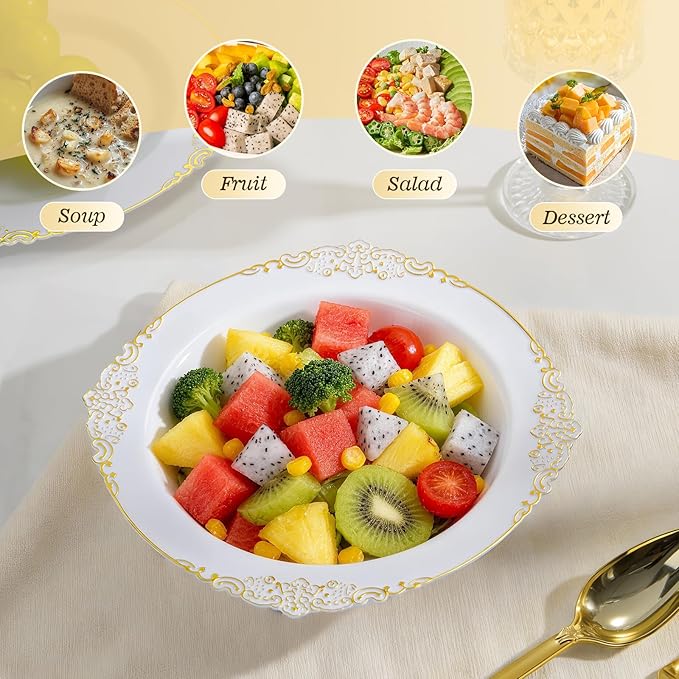 100 Pack White Plastic Bowls with Gold Relief Rim, 12oz Plastic Salad Bowl, Disposable Bowls for Party, Dinners, Weddings, Christmas, Thanksgiving, Valentine's Day