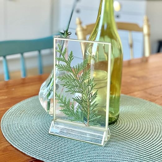UNIQOOO Acrylic Sign Holders with Golden Border, Portrait View, Pack of 12 | 4x6 Inches Double Sided Clear Frame, Perfect for Wedding reception, Centerpiece, Decoration, Party,Anniversary, Event