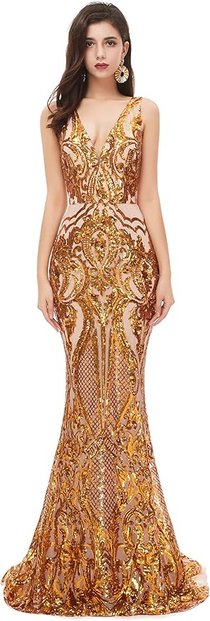 Women's Double V-Neck Sequins Lace-up Mermaid Evening Dress