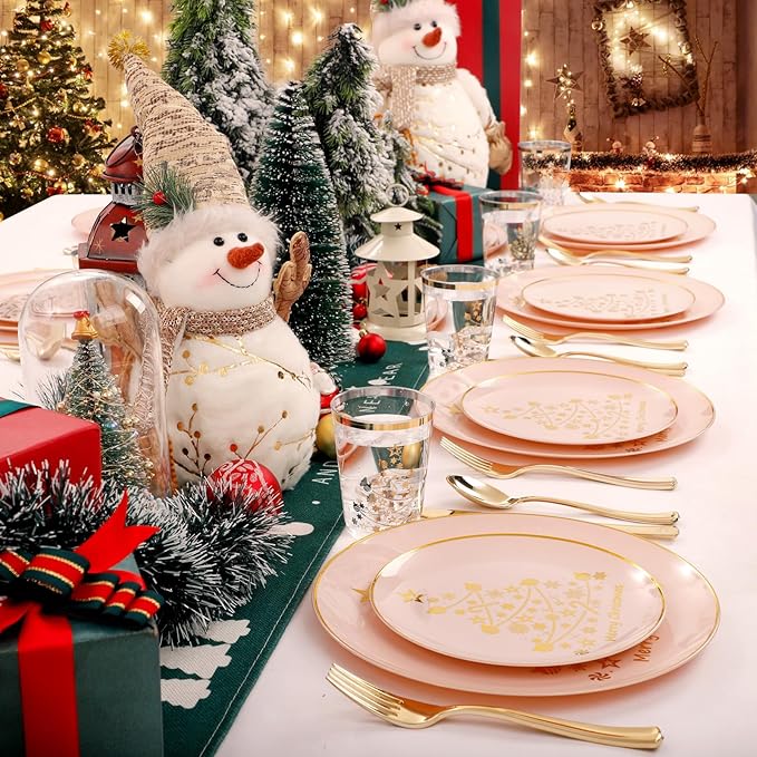 LIYH 150 Pcs Christmas Dinnerware Set Disposable - Pink and Gold Plastic Christmas Plates - Gold Tree Design, Plastic Silverware,Cups for 25 Guests for Xmas Day