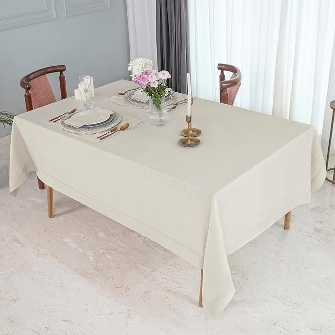 D'Moksha Homes Light Natural Linen Tablecloth 54 x 72 Inch - 100% Pure Linen Natural Table Cloth for Rectangle Tables - Classic Hemstitch, Machine Washable Tablecloth for Valentines, Spring, Easter