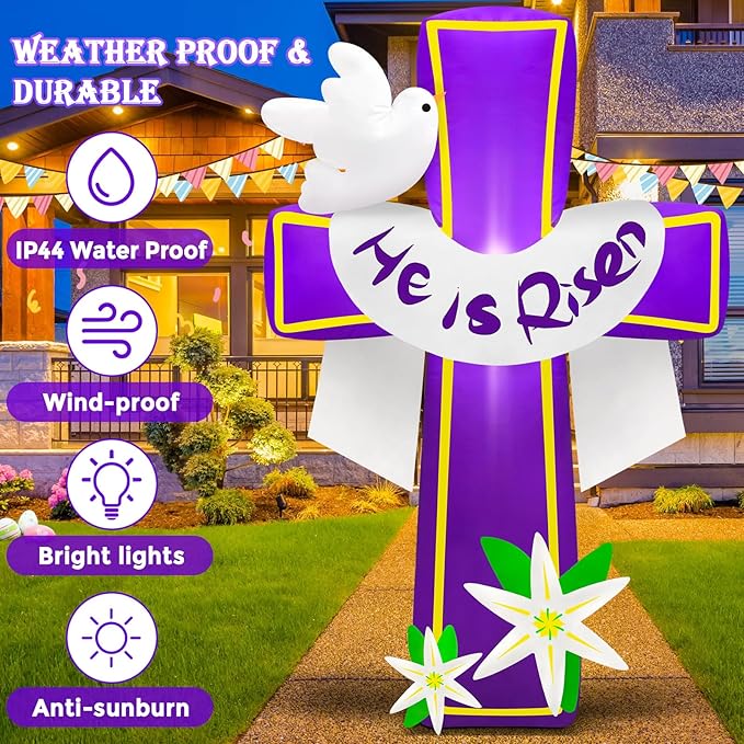 MICOCAH 4.5FT Easter Inflatables Outdoor Decorations He is Risen Inflatable Cross Blow Up with Lilies and Doves Build in LED Lights for Indoor Yard Garden Lawn Party Holiday Christian
