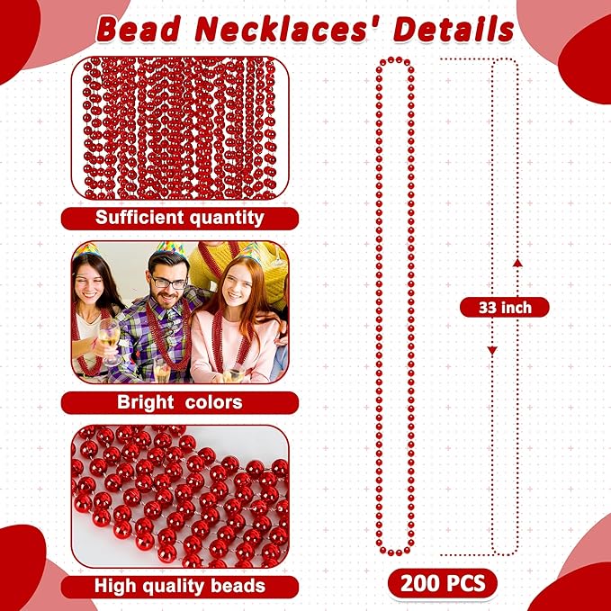 200 PCS Bead Necklace, 33 IN Red Mardi Gras Beads, Mardi Gras Party Costume Accessories, Parade Throws Beads Bulk for Christmas Pirate Wedding Party Supplies Decor