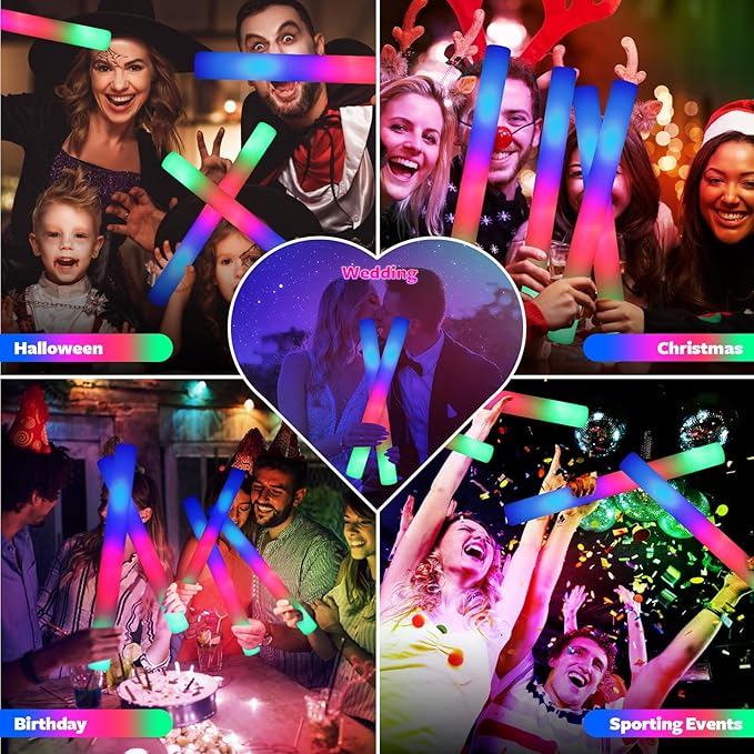 130 PCS LED Foam Glow Sticks Bulk, Glow in the Dark Party Supplies with 3 Modes Colorful Flashing, Neon Party Favors for Birthday, Wedding, Carnival, Concert, New Year