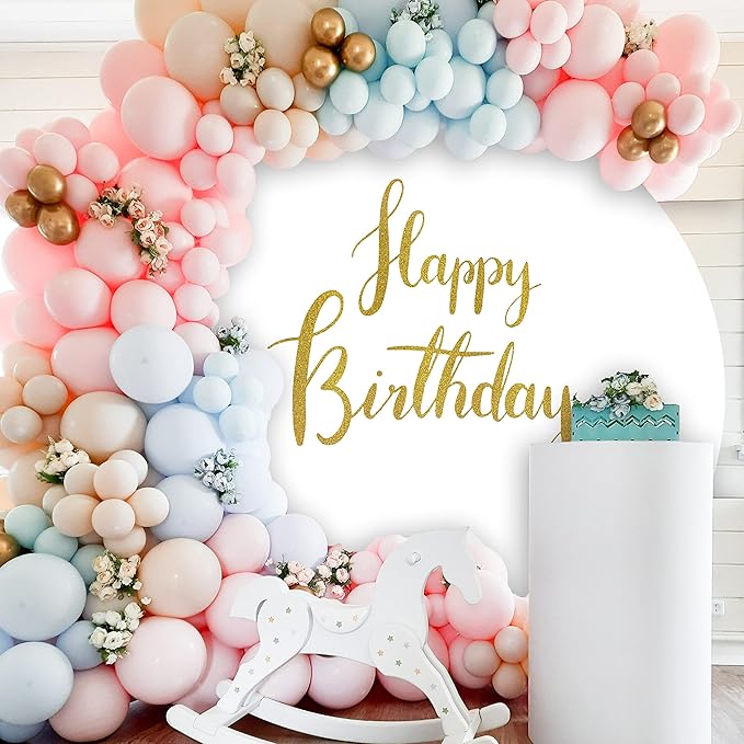Gold Happy Birthday Sign Round Backdrop Cover 6.5ft,White Circle Background Cover with 4Clips, Round Backdrop for Photography Gold Happy Birthday Kids Baby Party Decoration Banner