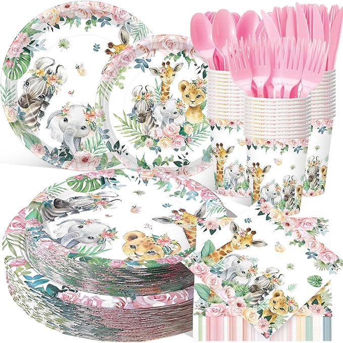 Pickmesh 400 Pcs Safari Birthday Party Supplies Include Pink Green Jungle Animal Disposable Paper Plates Napkins Cups Cutlery for Safari Jungle Wild Birthday Baby Shower Table Decorations Serve 50