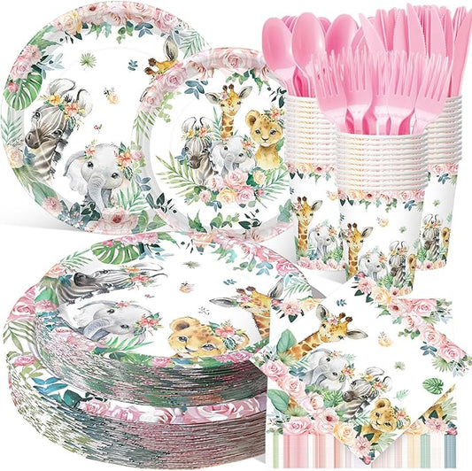 Pickmesh 400 Pcs Safari Birthday Party Supplies Include Pink Green Jungle Animal Disposable Paper Plates Napkins Cups Cutlery for Safari Jungle Wild Birthday Baby Shower Table Decorations Serve 50