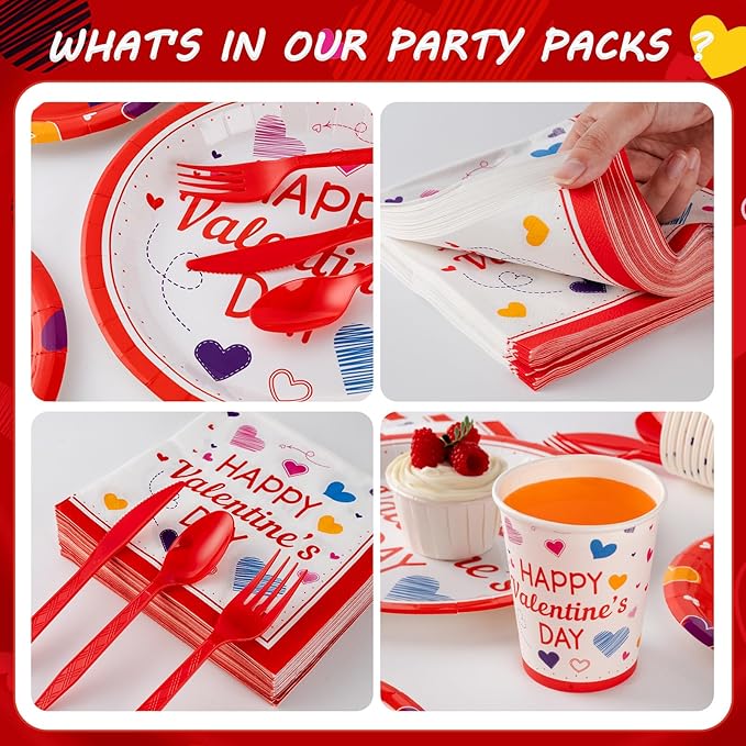 350PCS Valentine's Day Party Supplies for 50 Guests-Valentine's Day Party Decorations Include Disposable Paper Plates, Napkins, Cups, Tableware