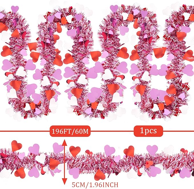 196 FT Valentines Heart Tinsel Garland, Valentine's Day Red Pink White Metallic Twist Garland for Home Wedding Party Hanging Decorations