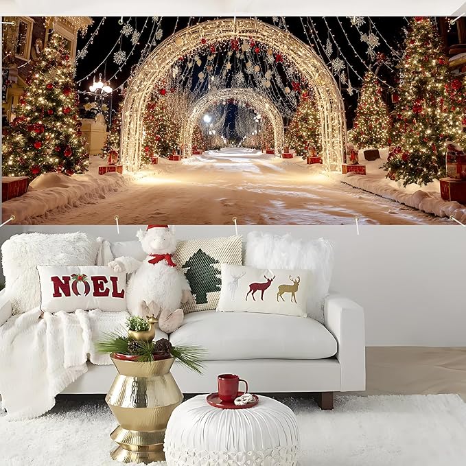 Christmas Light Tunnel Garage Door Banner 7x16FT, Night Street Xmas Cover for Outdoor Holiday Driveway & Party Decorations