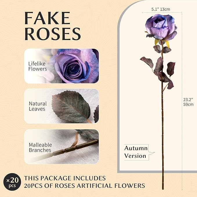 Artificial Flowers Artificial Roses Fake Roses 20PCS Long Stem Artificial Flowers for Tall Vase Silk Rose Suitable for Indoor Decor Wedding Party Decoration DIY Bouquet Autumn,Purple, 23.2In