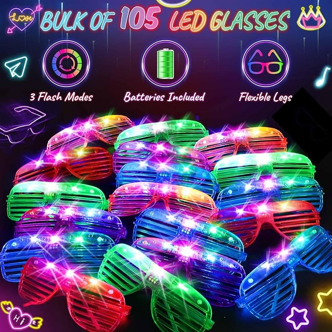 HONLYNE105 PCS LED Glasses, Glow in the Dark Party Supplies Light Up Glasses for Kids Adults, Neon Flashing Glasses Glow Party Glow Glasses Bulk Party Pack for Halloween Birthday Wedding Rave Carnival