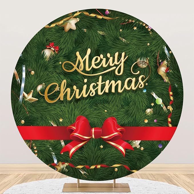 YongFoto Merry Christmas Round Backdrop Cover 5ft Green Christmas Tree Red Bowknot Circle Background Xmas Eve Happy New Year's Night Festival Carnival Family Celebration Party Banquet Decor Banner