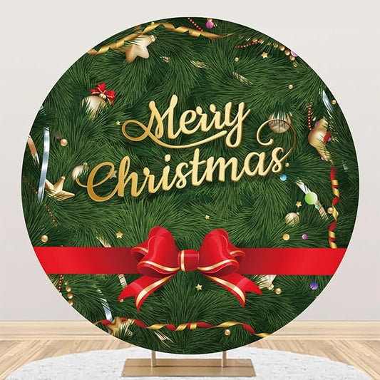 YongFoto Merry Christmas Round Backdrop Cover 5ft Green Christmas Tree Red Bowknot Circle Background Xmas Eve Happy New Year's Night Festival Carnival Family Celebration Party Banquet Decor Banner