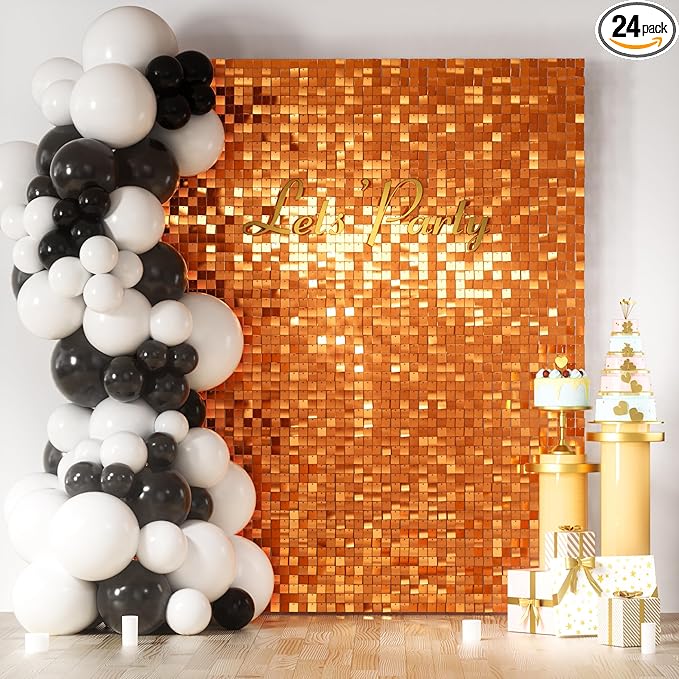 COKAOBE Orange Shimmer Wall Backdrop, 24PCS Square Sequin Shimmer Backdrop Panel, Photo Backdrops for Birthday, Anniversary, Wedding, Halloween, Graduation & Bachelorette Party Decoration