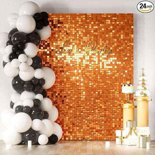 COKAOBE Orange Shimmer Wall Backdrop, 24PCS Square Sequin Shimmer Backdrop Panel, Photo Backdrops for Birthday, Anniversary, Wedding, Halloween, Graduation & Bachelorette Party Decoration